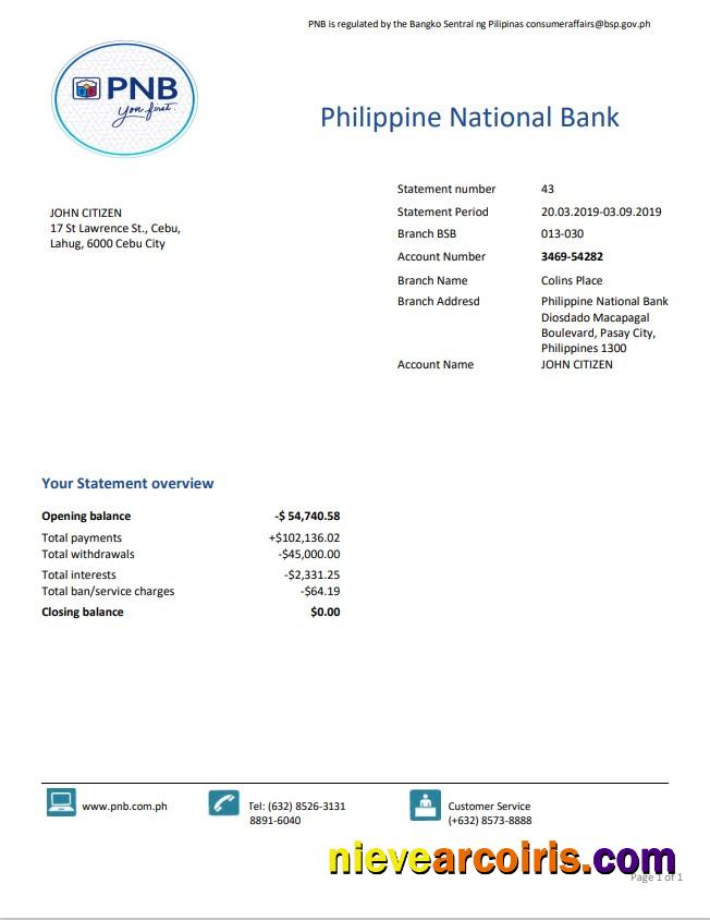 Philippines National Bank (PNB) proof of address bank statement in Word and PDF format